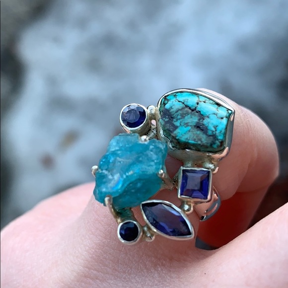 SOLD Turquoise iolite & apatite cluster ring - Picture 2 of 6